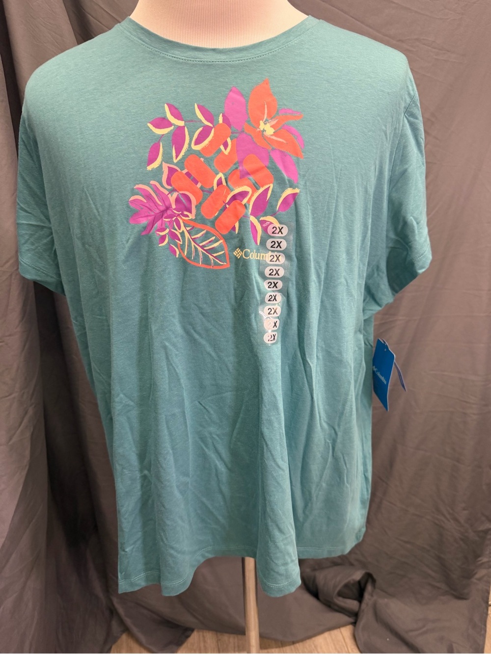 Columbia Teal Short Sleeve Tee with Pink & Orange Floral Graphic